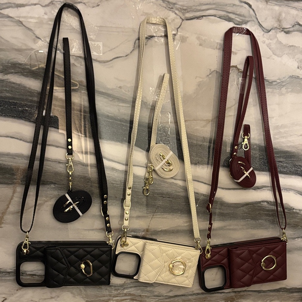 iPhone 16 pro max Quilted Leather Crossbody Bag Set - Black, Cream, and Brown